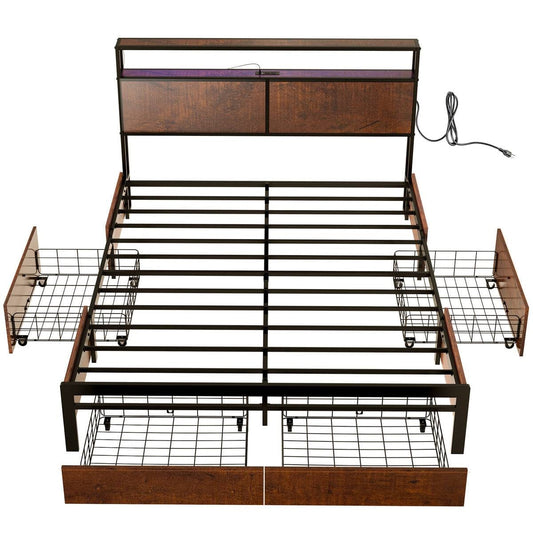 Queen size Platform Bed with Headboard and Storage Drawers in Brown Wood Finish