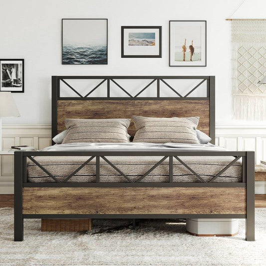 Queen Metal Wood Vintage Industrial Platform Bed Frame with Headboard Footboard