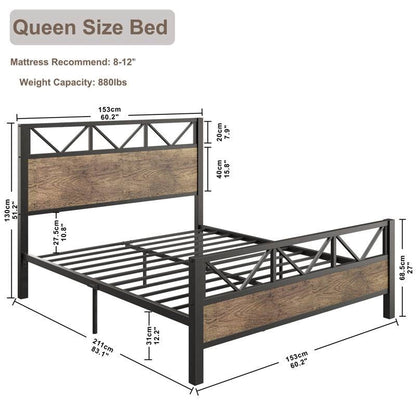 Queen Metal Wood Vintage Industrial Platform Bed Frame with Headboard Footboard