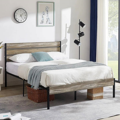 Queen Industrial Farmhouse Rustic Wood Metal Platform Bed Frame with Headboard