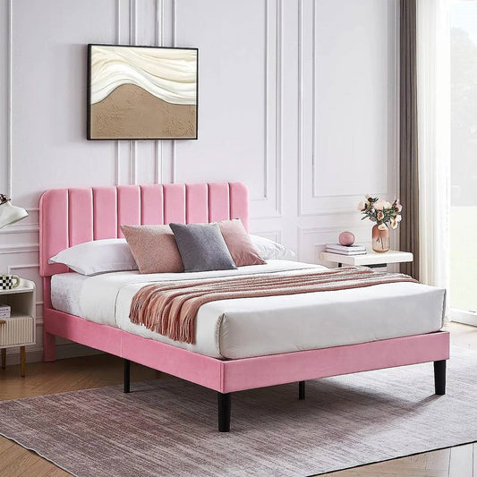 Queen size Pink Upholstered Platform Bed Frame with Headboard