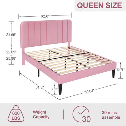 Queen size Pink Upholstered Platform Bed Frame with Headboard