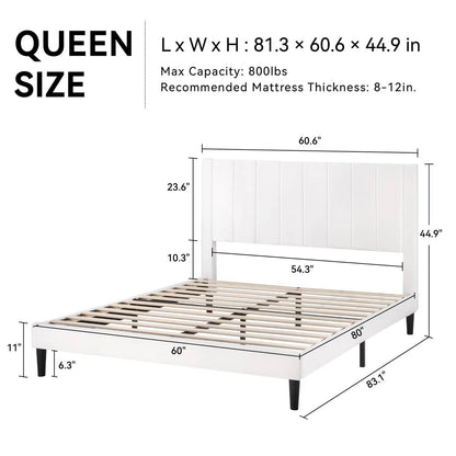 Queen size White Velvet Upholstered Platform Bed Frame with Headboard