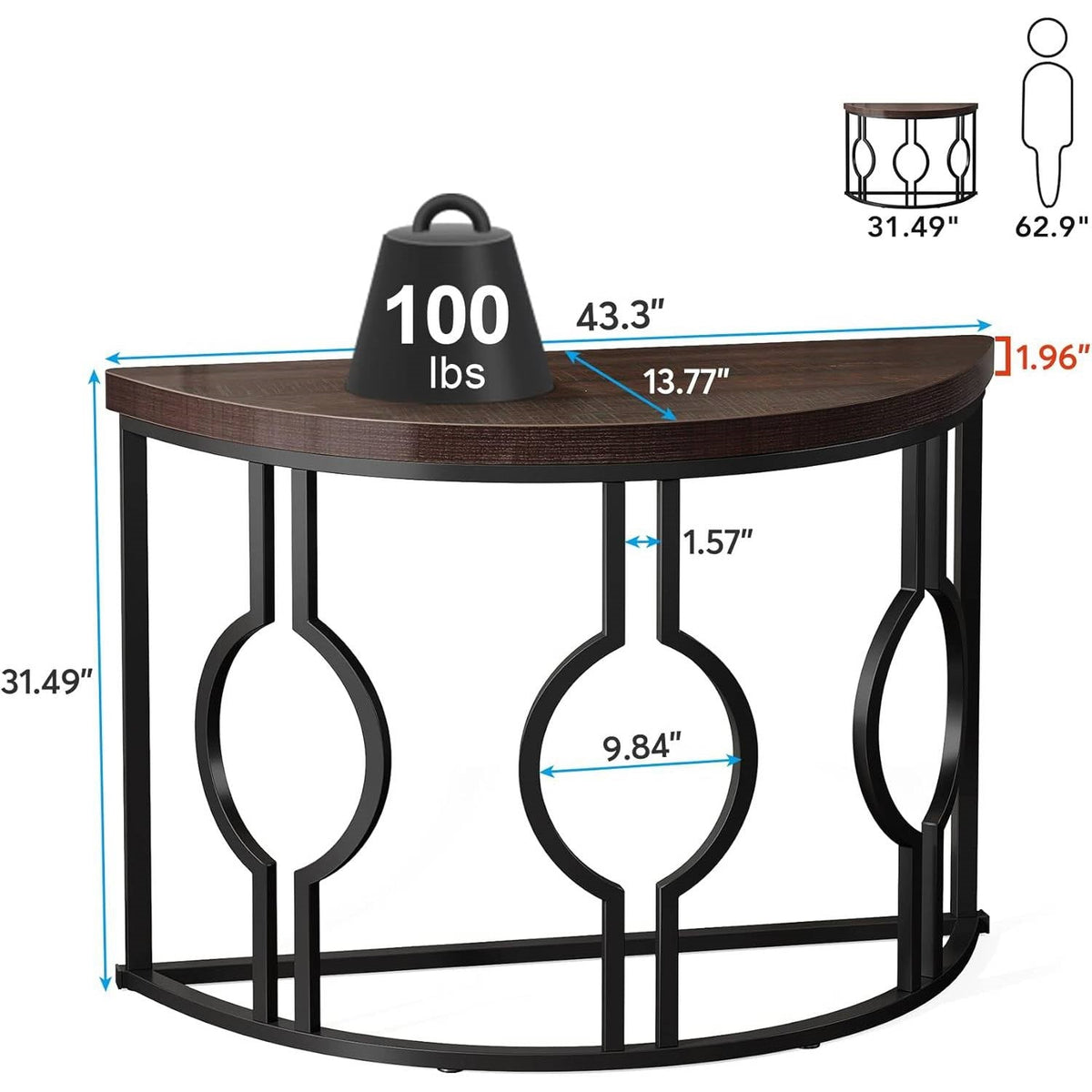 Modern 43-inch Half Moon Accent Console Table with Brown Wood Top Black Frame