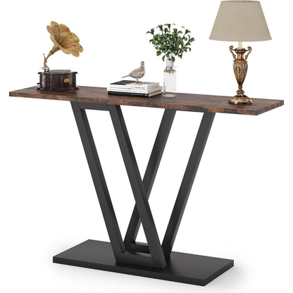 Modern 43-inch Narrow Entryway Table with Brown Wood Top and Black Metal Frame