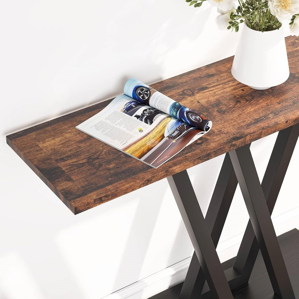 Modern 43-inch Narrow Entryway Table with Brown Wood Top and Black Metal Frame