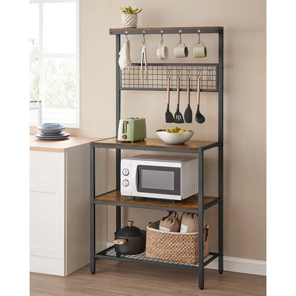 Black Metal Kitchen Baker's Rack Microwave Stand with Wood Storage Shelves