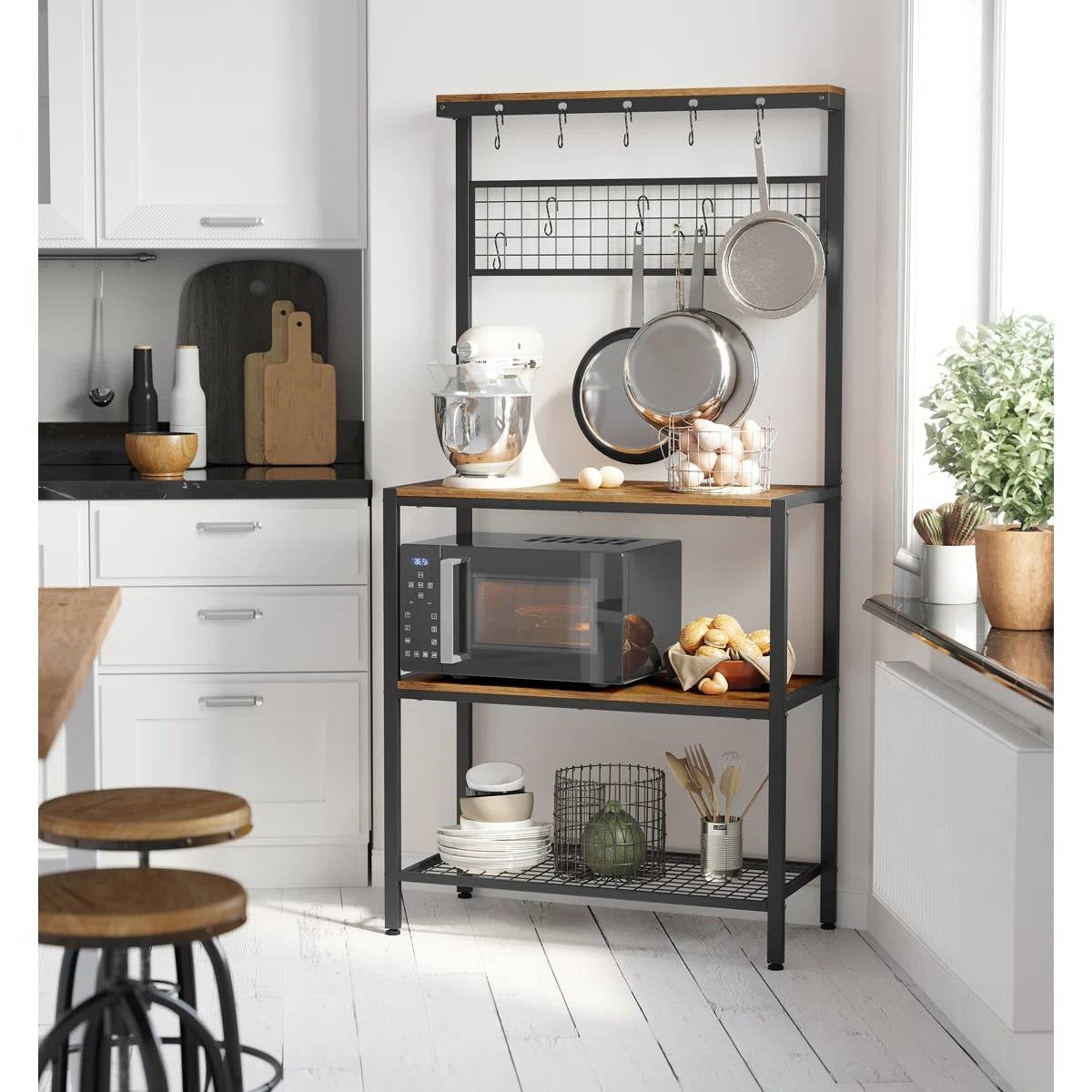 Black Metal Kitchen Baker's Rack Microwave Stand with Wood Storage Shelves