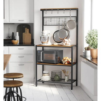Black Metal Kitchen Baker's Rack Microwave Stand with Wood Storage Shelves