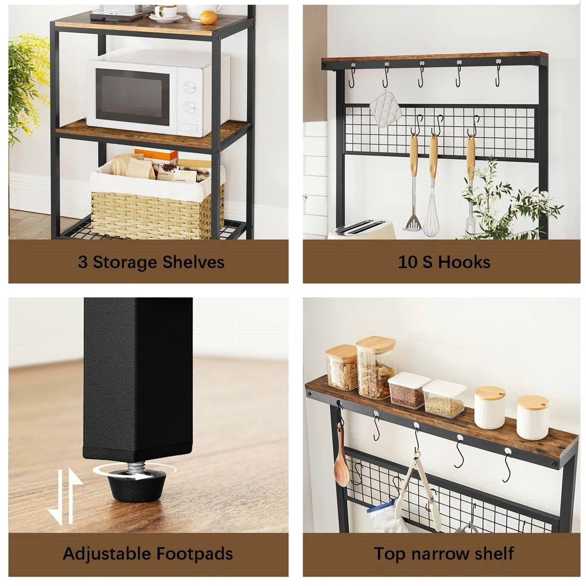 Black Metal Kitchen Baker's Rack Microwave Stand with Wood Storage Shelves
