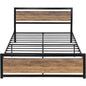 Queen Metal Platform Bed Frame with Brown Wood Panel Headboard and Footboard