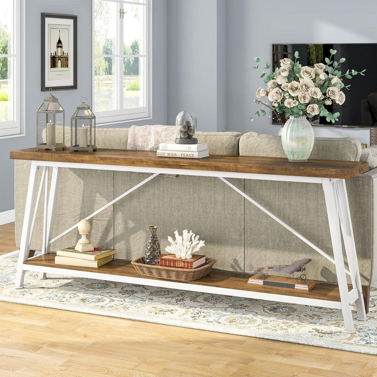 Heavy Duty 70-inch Industrial Brown Wood Top Sofa Table with White Metal Frame