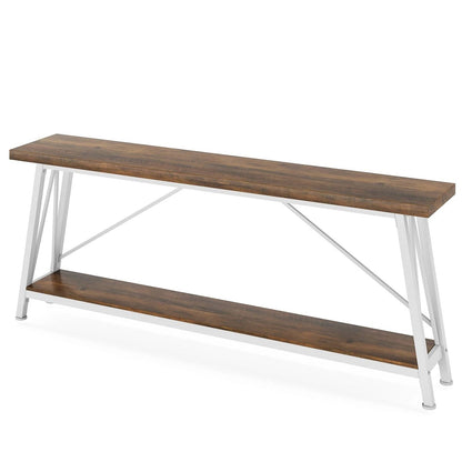 Heavy Duty 70-inch Industrial Brown Wood Top Sofa Table with White Metal Frame