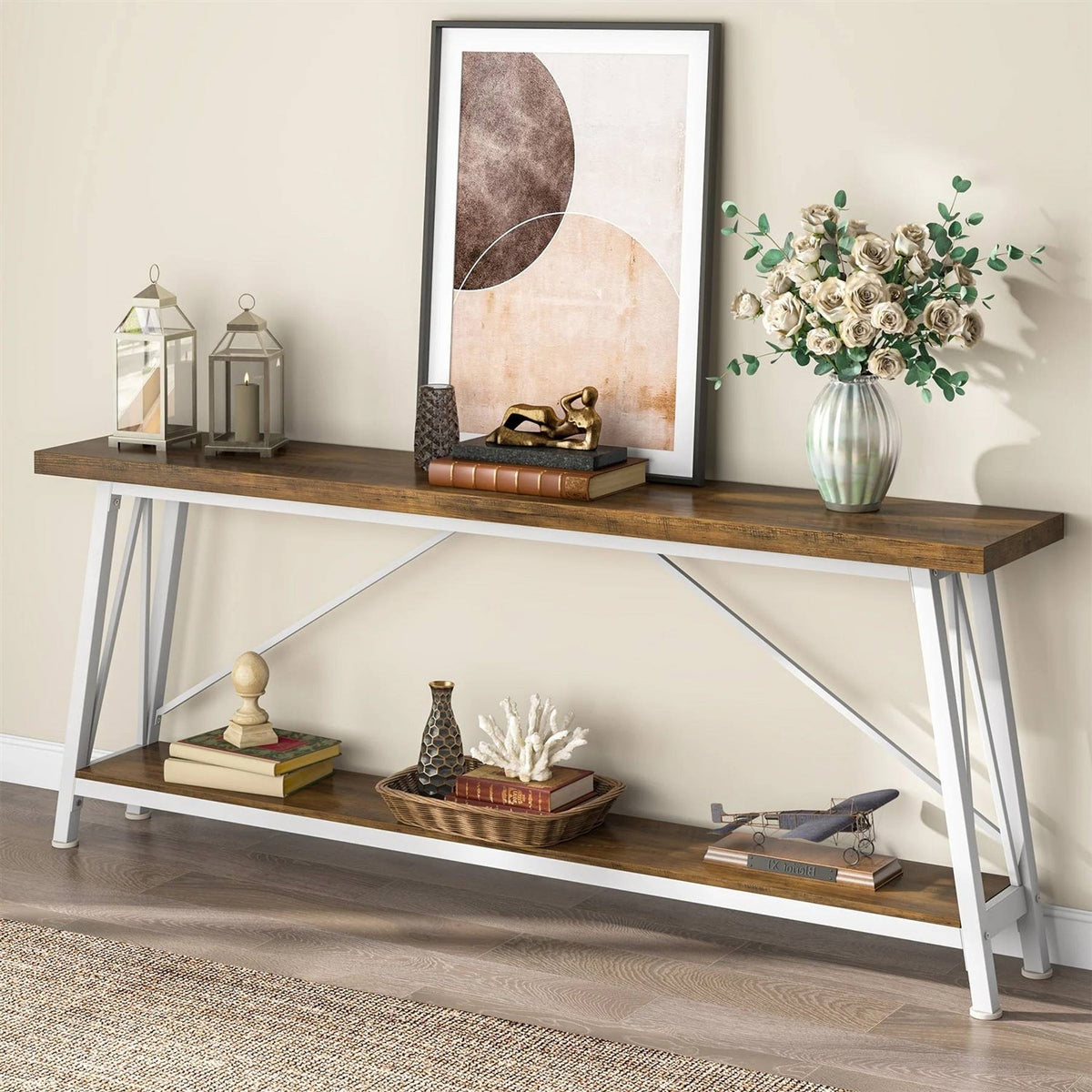Heavy Duty 70-inch Industrial Brown Wood Top Sofa Table with White Metal Frame