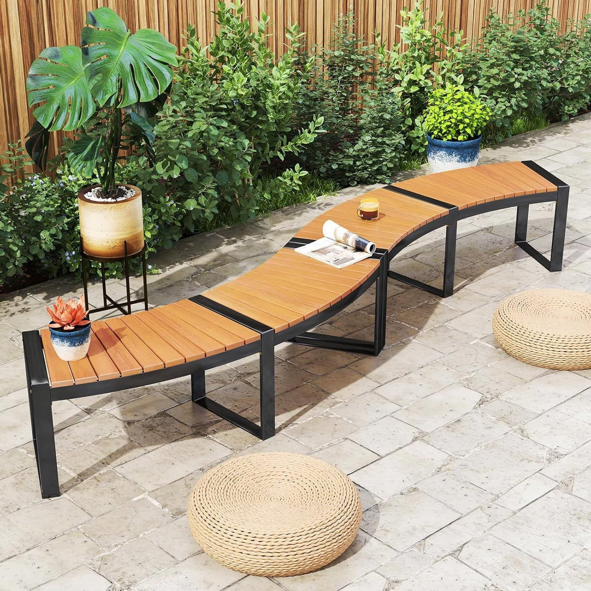 Set of 4 - Round Outdoor Metal Wood Backless Bench - Around Table Tree Fire Pit