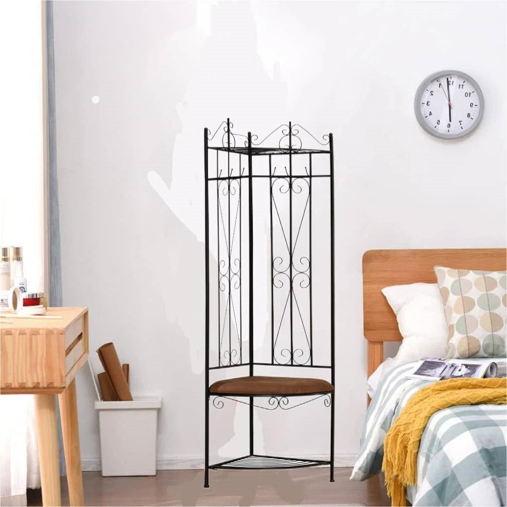 Black Metal Scrolling Corner Hall Tree Coat Rack Storage Bench