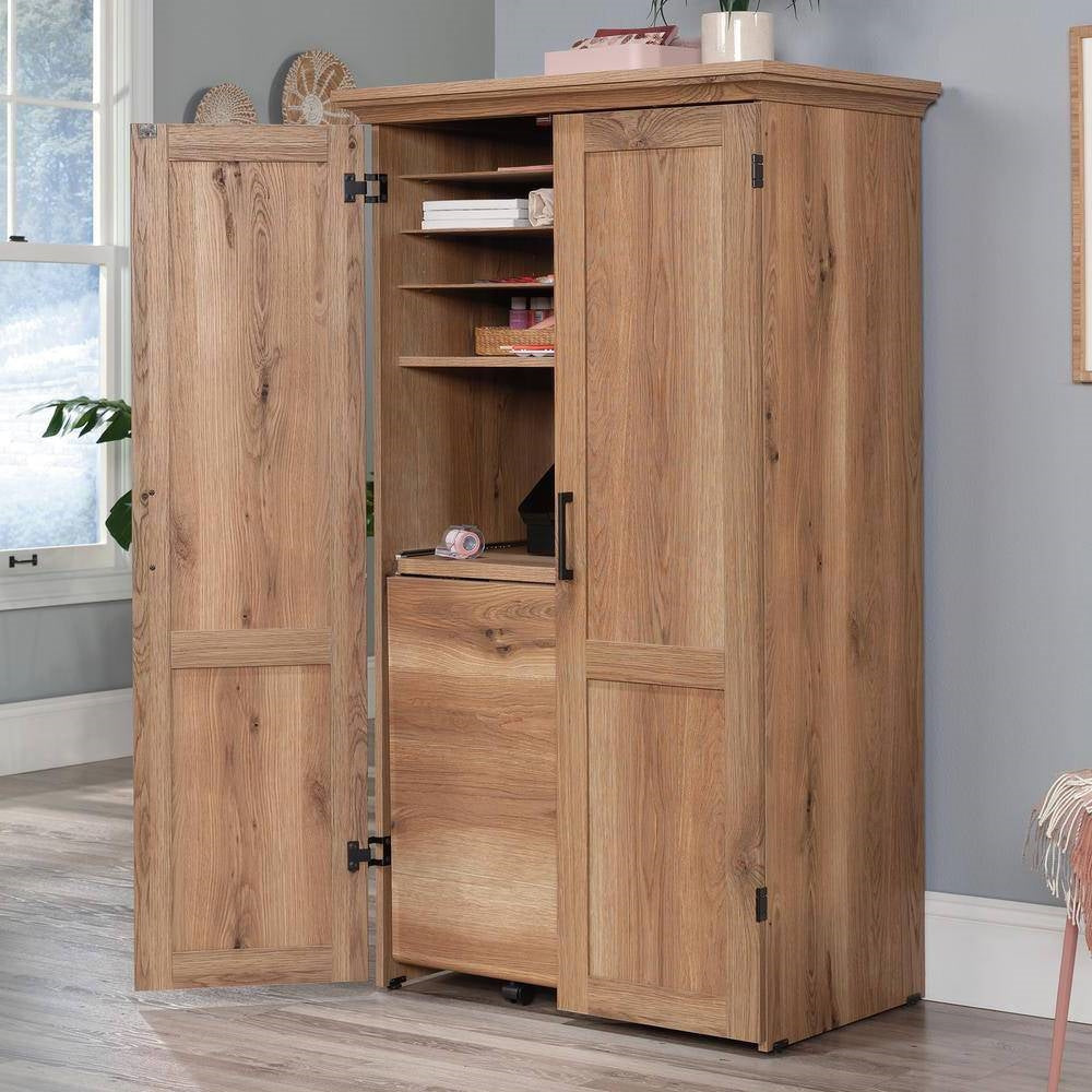 Drop Leaf Computer Desk Craft Table Armoire in Oak Wood Finish - Made in USA