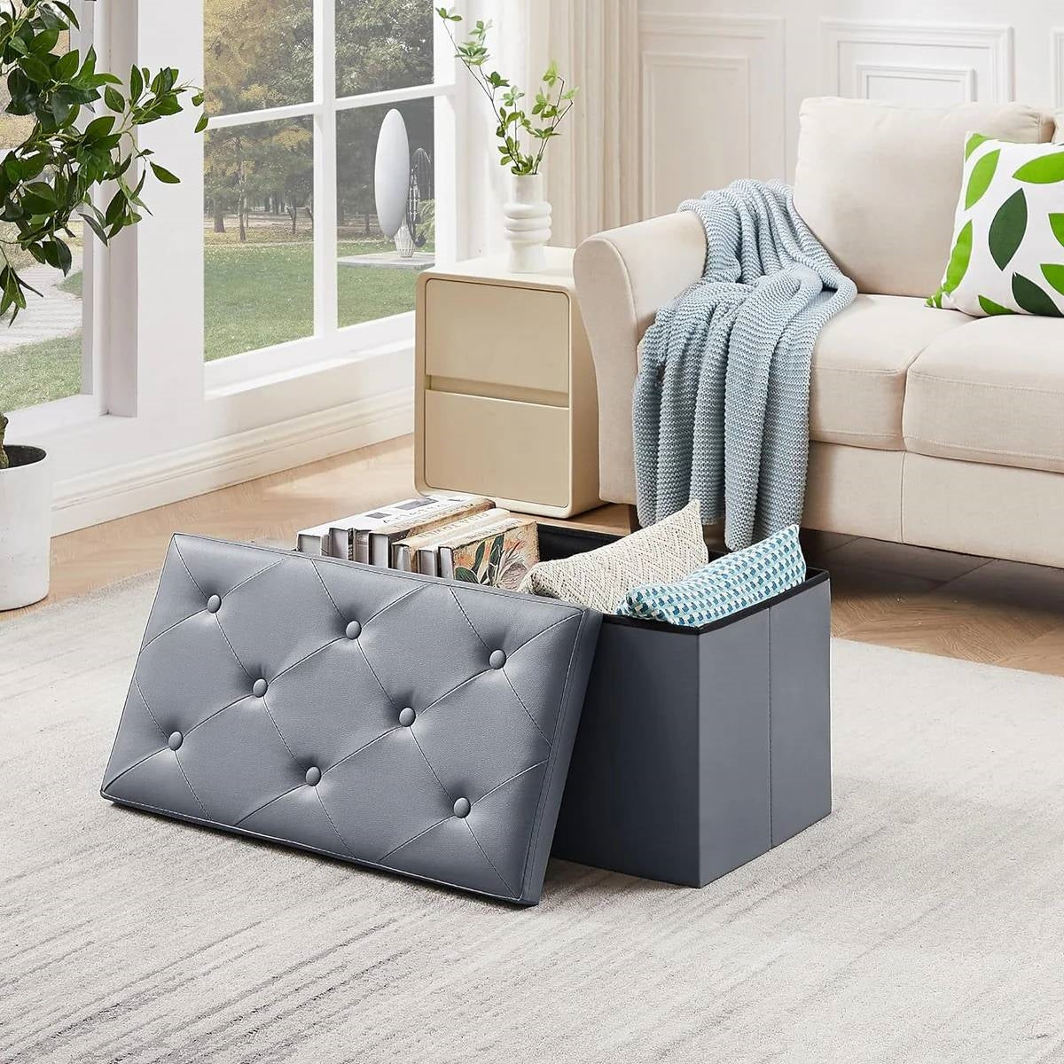 30-inch Light Grey Faux Leather Upholstered End of Bed Storage Bench Ottoman