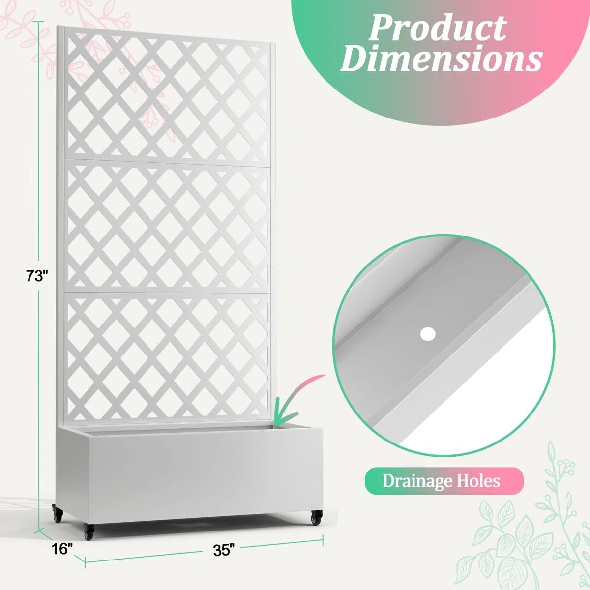 White Metal Outdoor Raised Garden Bed Planter Box with Trellis on Wheels