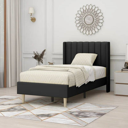 Twin size Mid-Century Black Linen Platform Bed Frame with Upholstered Headboard