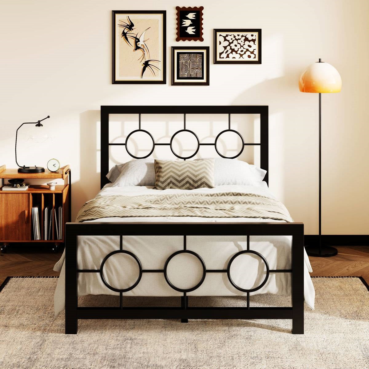 Twin Black Metal Platform Bed Frame with Circle Medallion Headboard Footboard