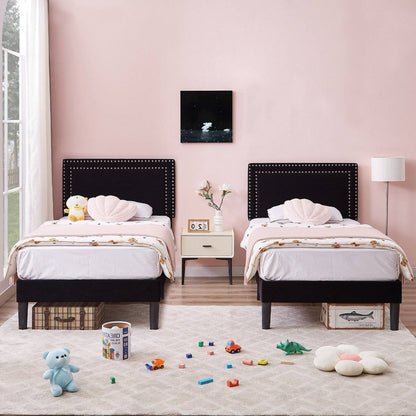 Set of 2 - Twin Dorm Style Black Tufted Upholstered Platform Bed with Headboard