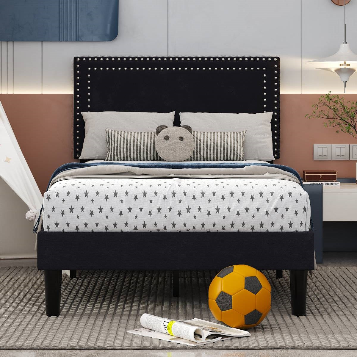 Set of 2 - Twin Dorm Style Black Tufted Upholstered Platform Bed with Headboard