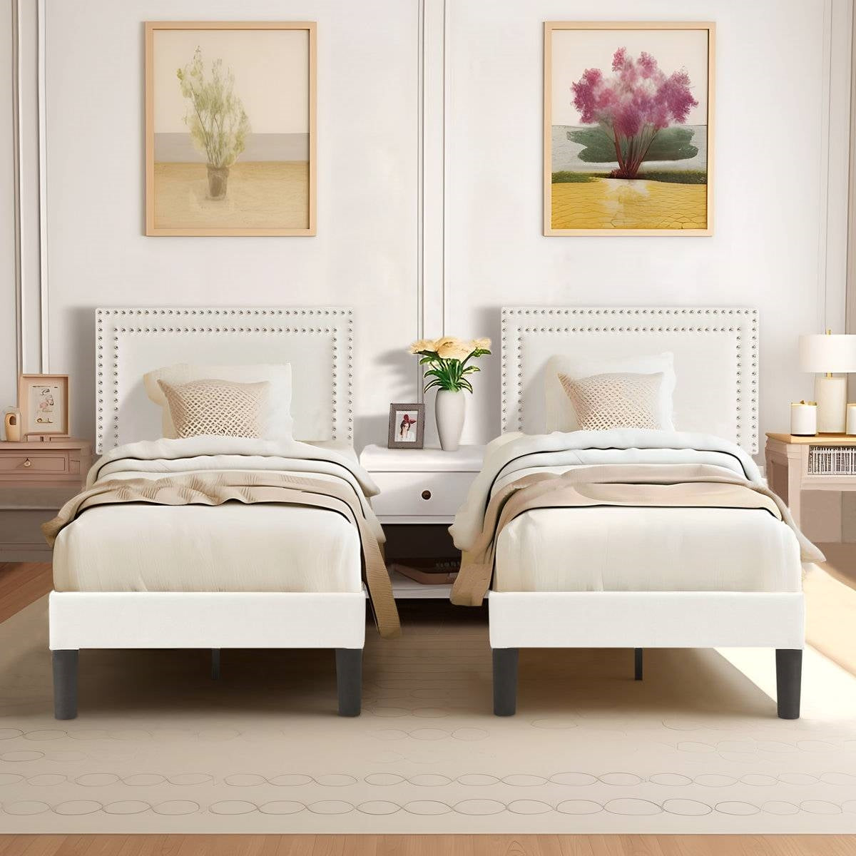 Set of 2 - Twin size White Tufted Upholstered Platform Bed Frame with Headboard