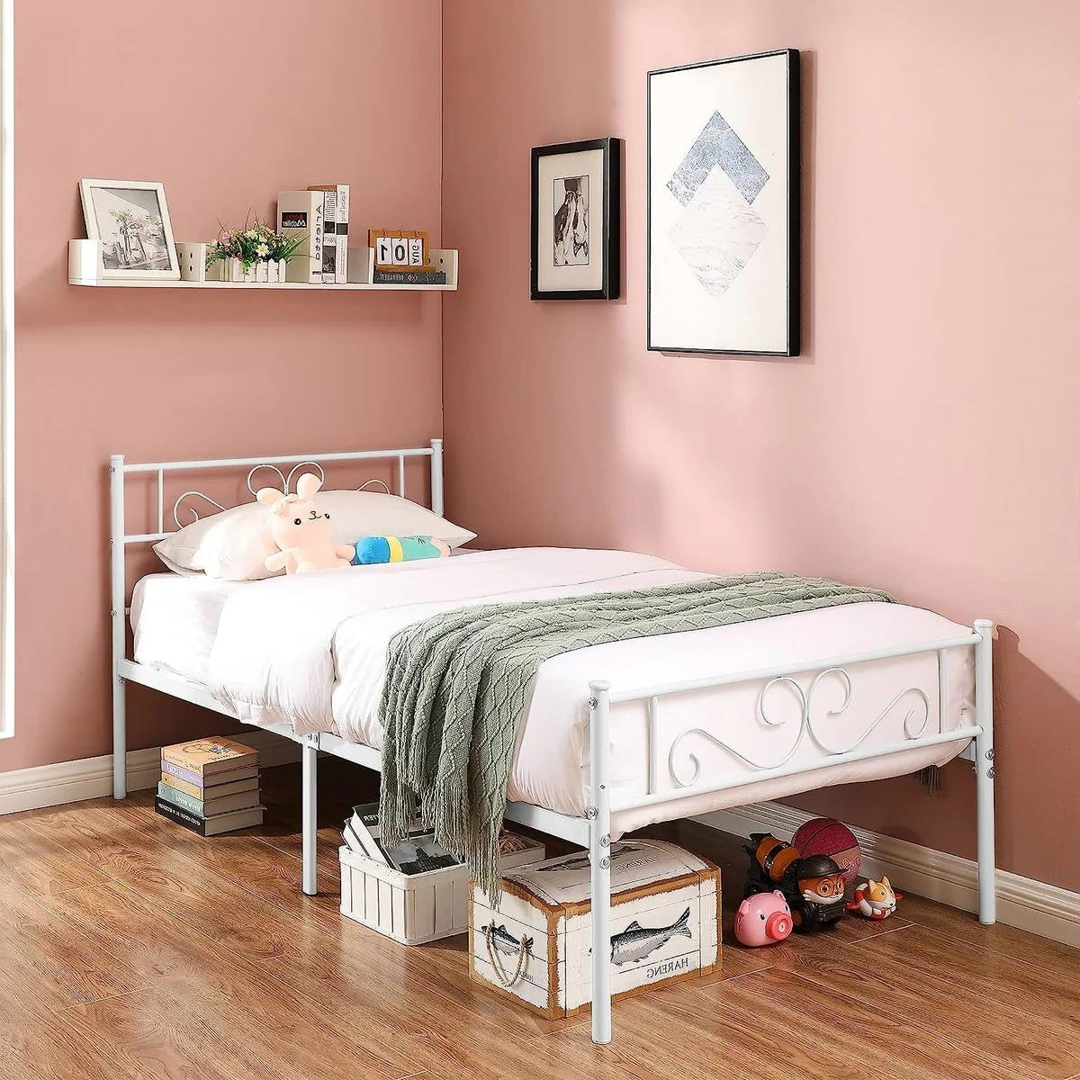 Twin size White Metal Platform Bed Frame with Headboard and Footboard