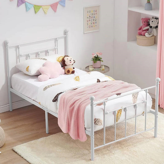 Twin Victorian Style White Metal Platform Bed Frame with Headboard Footboard