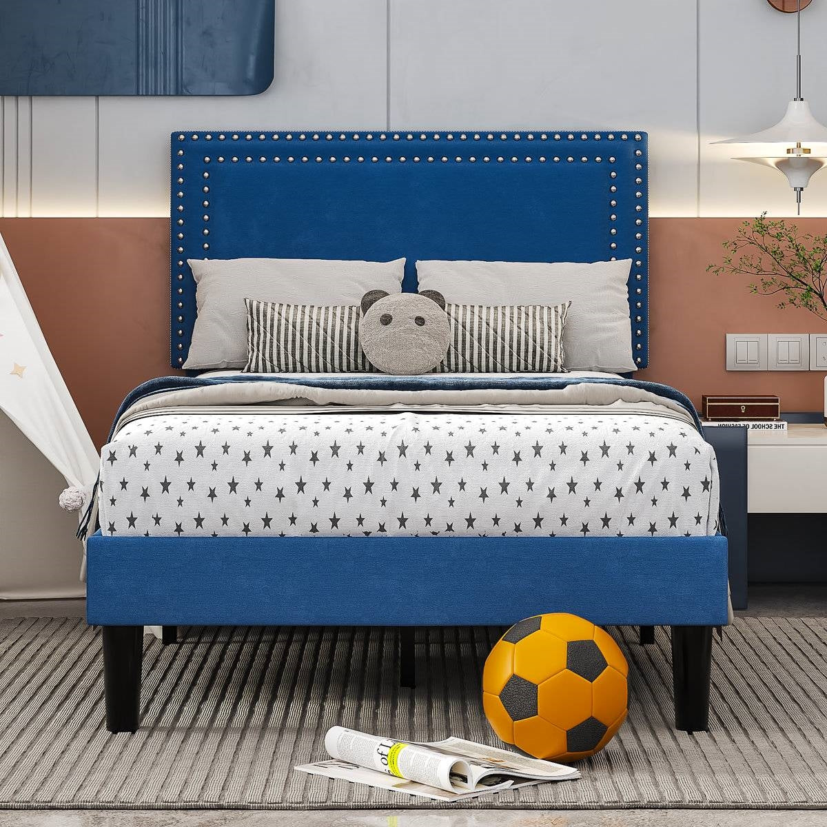 Set of 2 - Twin Dark Blue Upholstered Platform Bed with Nailhead Trim Headboard