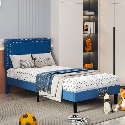 Set of 2 - Twin Dark Blue Upholstered Platform Bed with Nailhead Trim Headboard