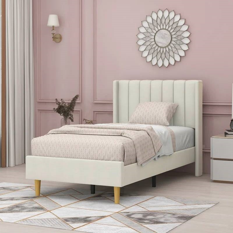 Twin size Mid-Century Platform Bed Frame with Cream Velvet Upholstered Headboard