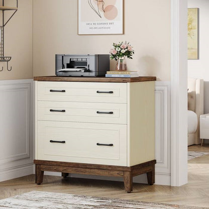 Vintage White/Rustic Brown 3 Drawer Filing Cabinet Printer Stand