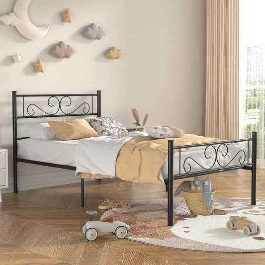 Twin Sturdy Metal Platform Bed Frame with Headboard Footboard in Black Finish