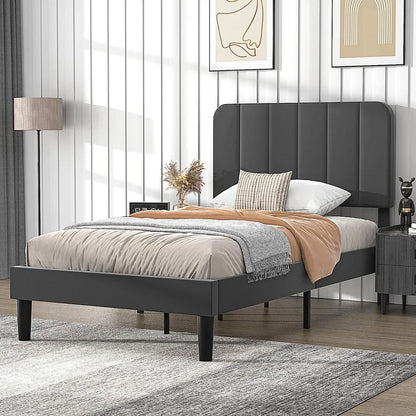Twin size Dark Grey Upholstered Platform Bed Frame with Headboard