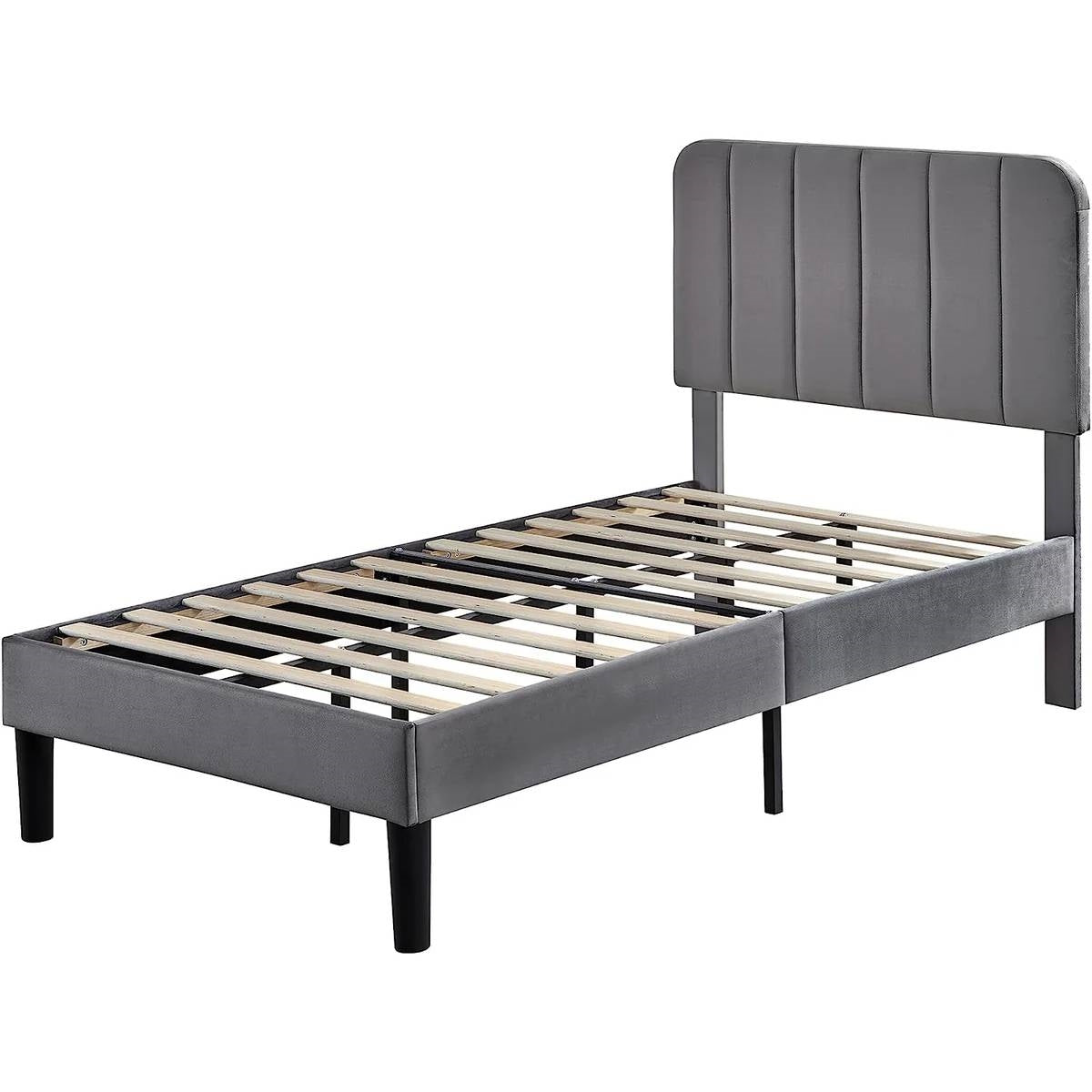 Twin size Dark Grey Upholstered Platform Bed Frame with Headboard