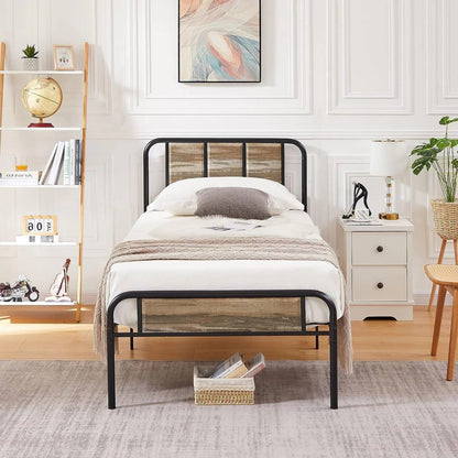 Twin Grey Wood Metal Platform Bed Frame with Rounded Headboard Footboard