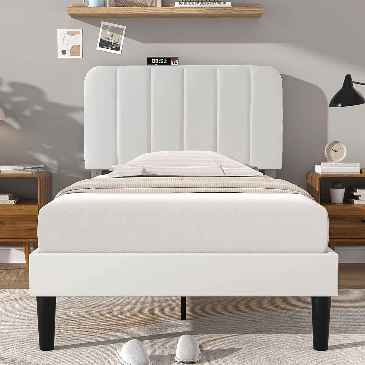 Twin size White Upholstered Platform Bed Frame with Headboard