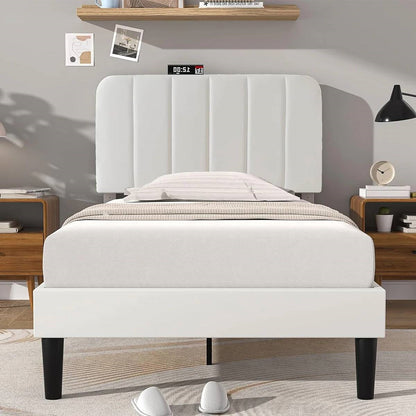 Twin size White Upholstered Platform Bed Frame with Headboard