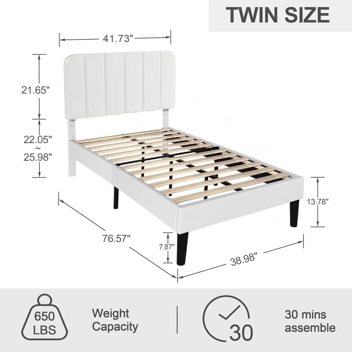 Twin size White Upholstered Platform Bed Frame with Headboard