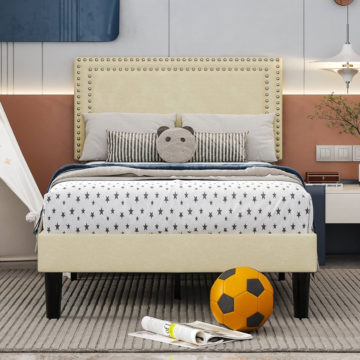 Twin Size - Set of 2  - Dorm Style Beige Tufted Upholstered Platform Beds