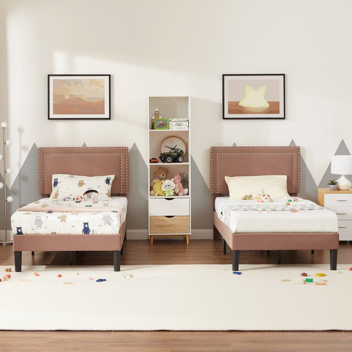 Set of 2 - Twin size Brown Tan Tufted Upholstered Platform Bed with Headboard