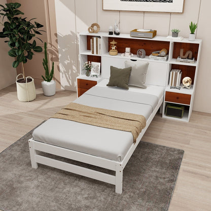 Twin Bed Frame with White Walnut Bookcase Storage Headboard and 2 Nightstands