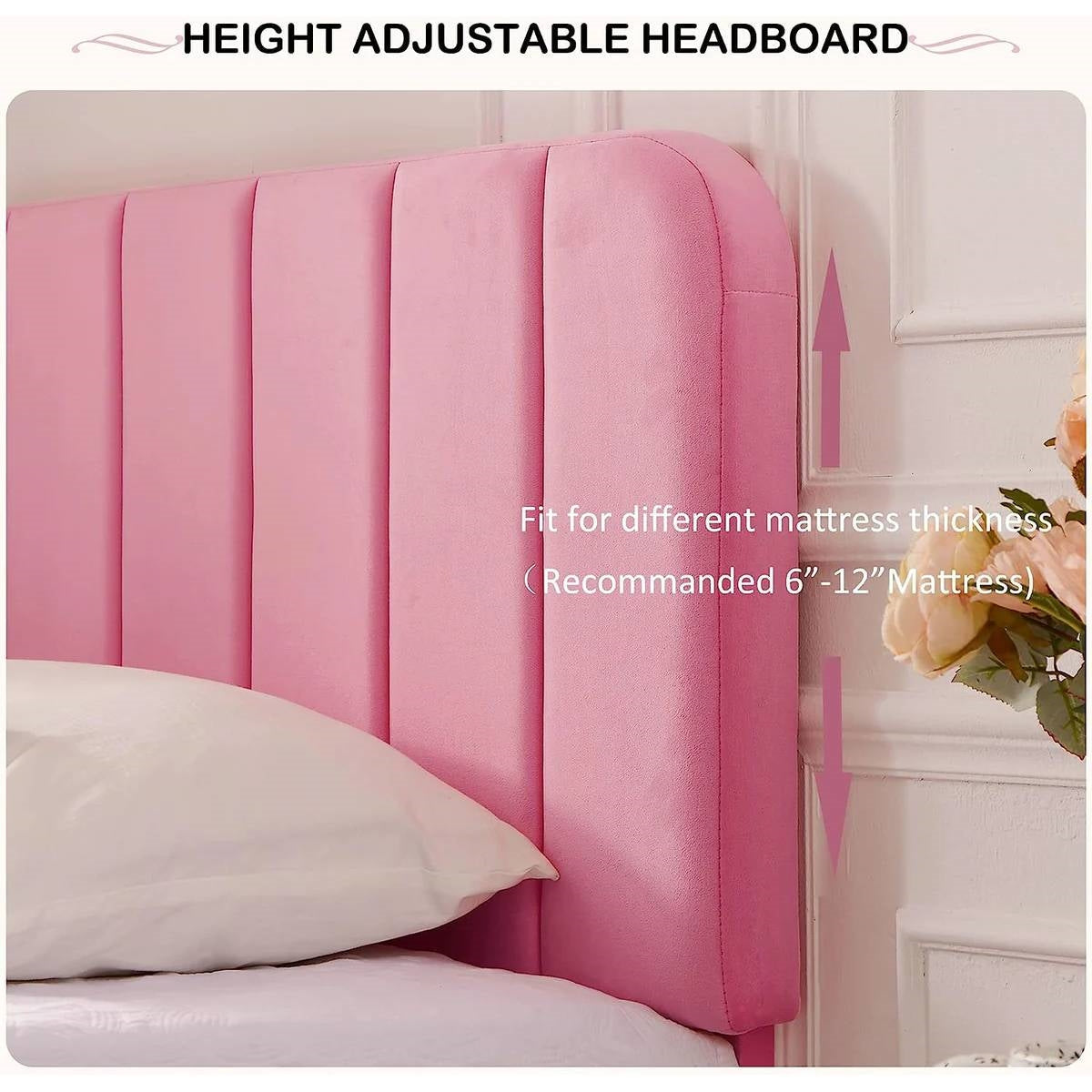 Twin size Pink Upholstered Platform Bed Frame with Headboard