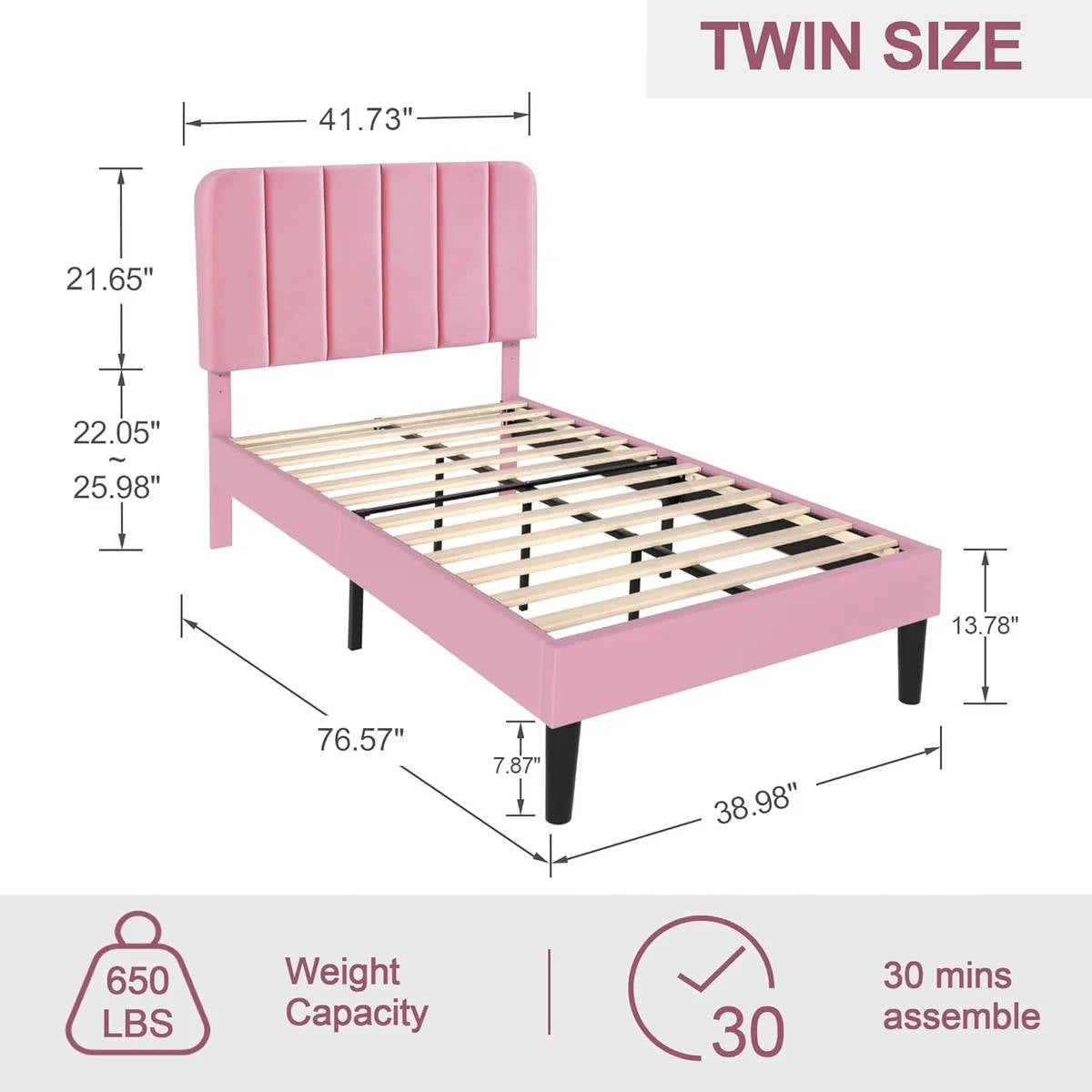 Twin size Pink Upholstered Platform Bed Frame with Headboard