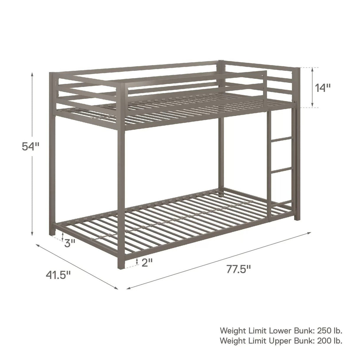 Twin over Twin size Modern Low Height Silver Grey Metal Bunk Bed