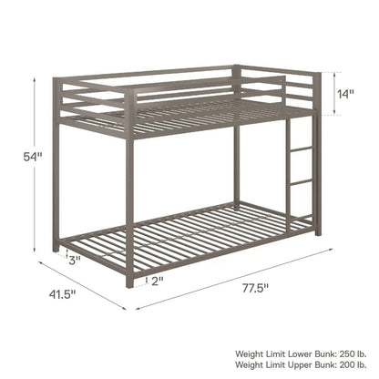Twin over Twin size Modern Low Height Silver Grey Metal Bunk Bed