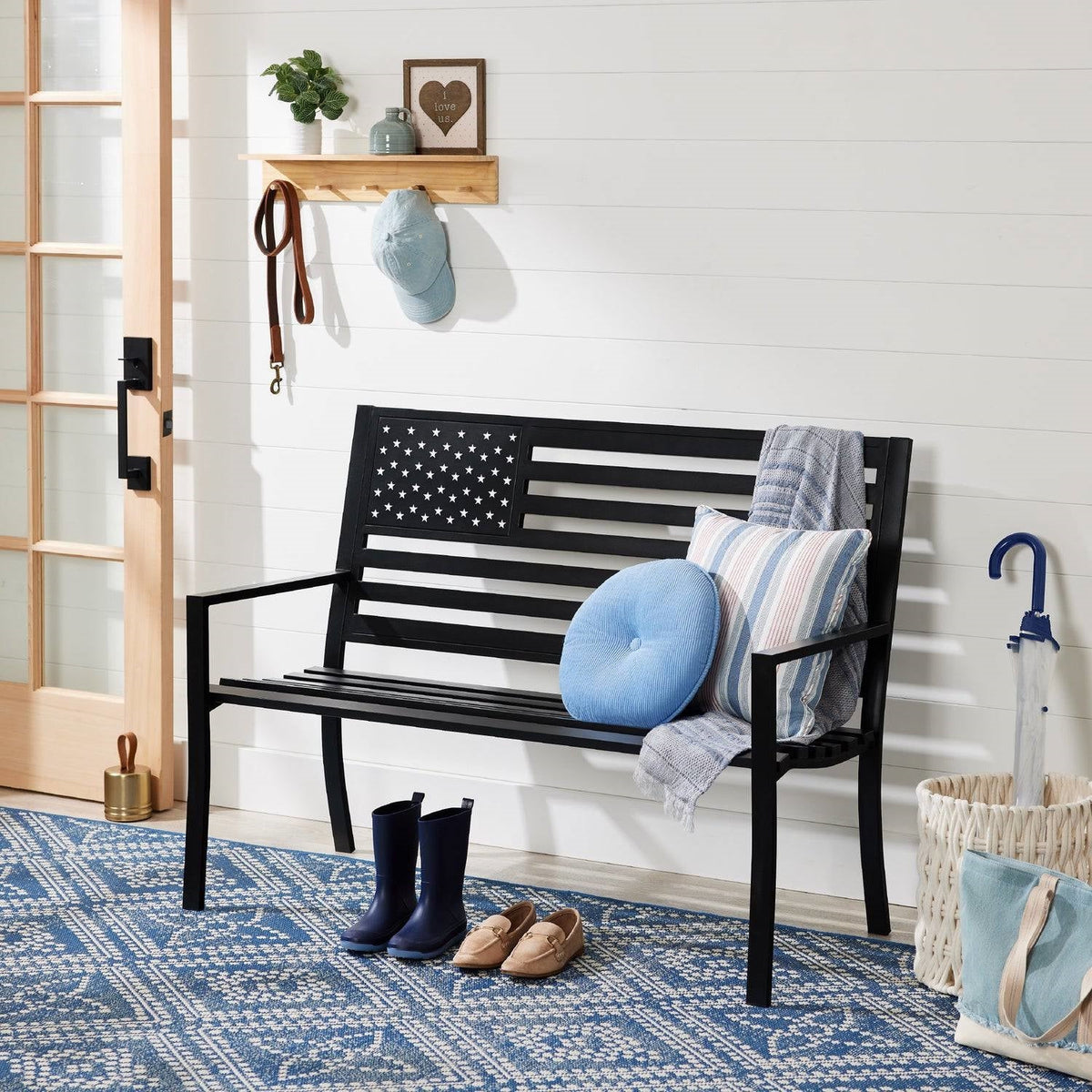 2 Person Patriotic USA Black Metal Bench with American Flag Backrest