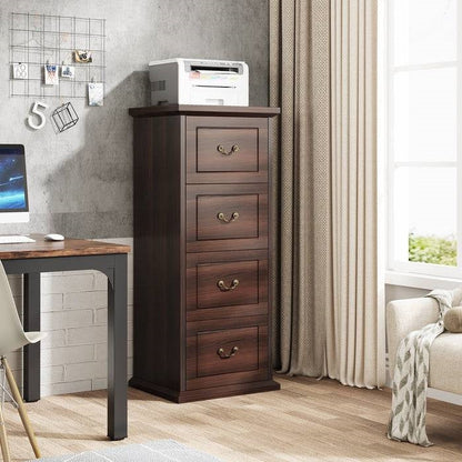 Traditional Vertical File Cabinet in Walnut Wood Finish with 4 Storage Drawers